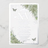 Invitation En Aluminium Sage Green Floral Quinceañera Papillons Argent (Recto)