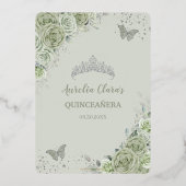 Invitation En Aluminium Sage Green Floral Quinceañera Papillons Argent (Verso)