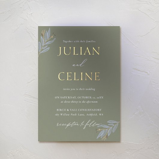Invitation En Aluminium Sage Green Gold Automne Mariage de verdure d'hiver
