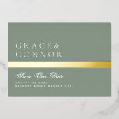 Invitation En Aluminium Sage Green Gold Stripe Photo Enregistrer La Date (Devant)