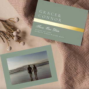 Invitation En Aluminium Sage Green Gold Stripe Photo Enregistrer La Date
