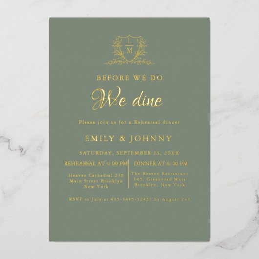 Invitation En Aluminium Sage Green & gold Wedding Rehearsal dinner (Recto)