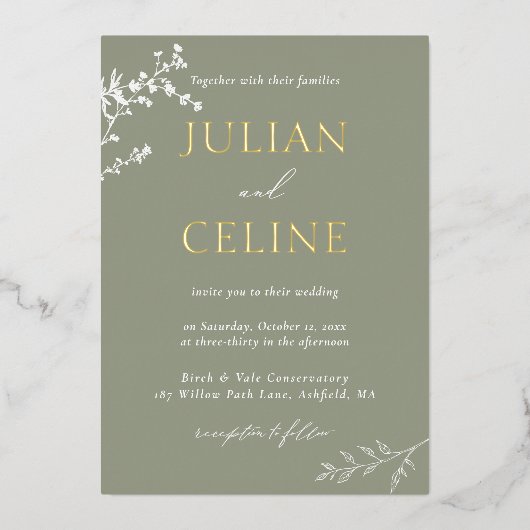 Invitation En Aluminium Sage Green Gold Whimsical White Green Mariage (Recto)