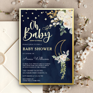 Invitation En Aluminium Sage Green Ivory Floral Lune Navy Baby Shower Or