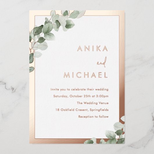 Invitation En Aluminium Sage Green Leaf & Real Rose Gold Mariage (Recto)