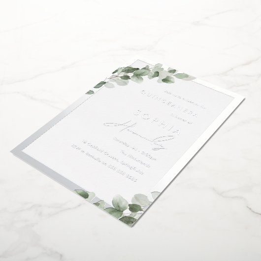 Invitation En Aluminium Sage Green Leaf & Silver Elegant Quinceanera Party (Rotation)