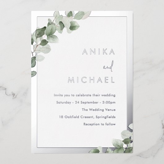 Invitation En Aluminium Sage Green Leaf & Silver Mariage élégant (Recto)