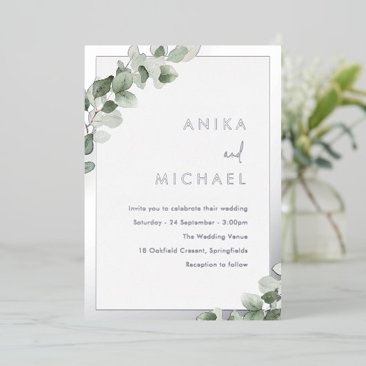Invitation En Aluminium Sage Green Leaf & Silver Mariage élégant (Debout devant)
