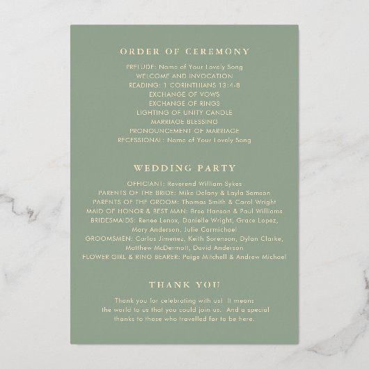 Invitation En Aluminium Sage Green Simple Modern Wedding Program (Verso)