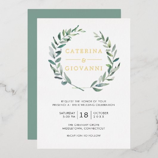 Invitation En Aluminium Sage Green Wreath Verdure Rustique Mariage Gold (Recto/Verso)