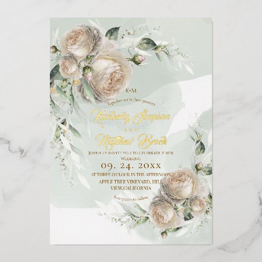 Invitation En Aluminium Sage Greenery White Rose Wedding (Recto)