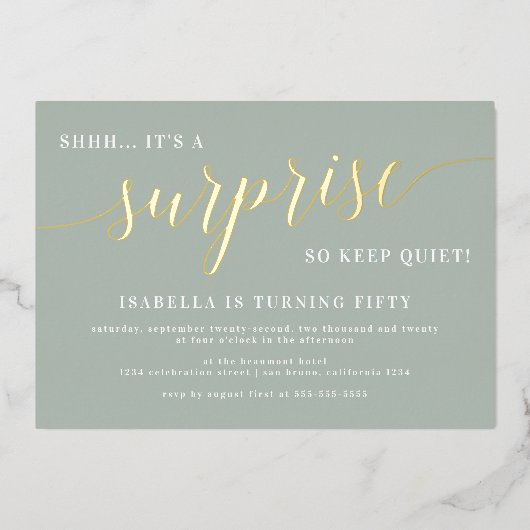 Invitation En Aluminium Sage moderne & Gold Script Surprise fête d'anniver (Recto)