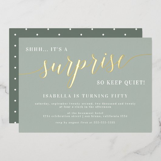 Invitation En Aluminium Sage moderne & Gold Script Surprise fête d'anniver (Recto/Verso)