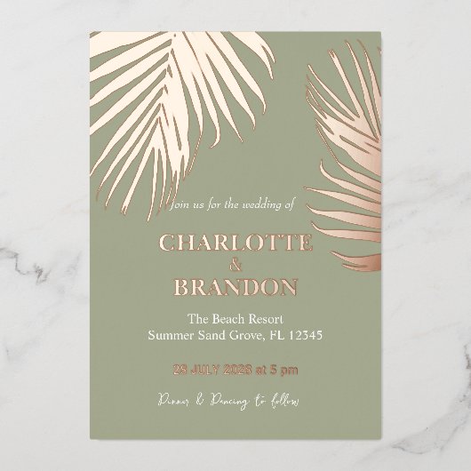 Invitation En Aluminium Sage Tropical Palm Leaf Mariage Gold (Recto)