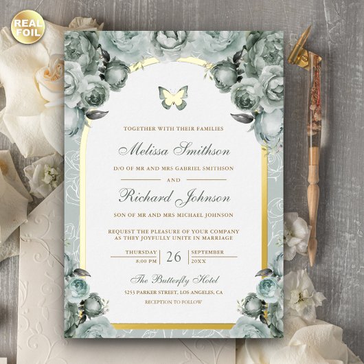 Invitation En Aluminium Sage Vert Arc Floral Papillon Mariage Or