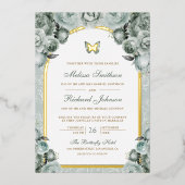 Invitation En Aluminium Sage Vert Arc Floral Papillon Mariage Or (Recto)
