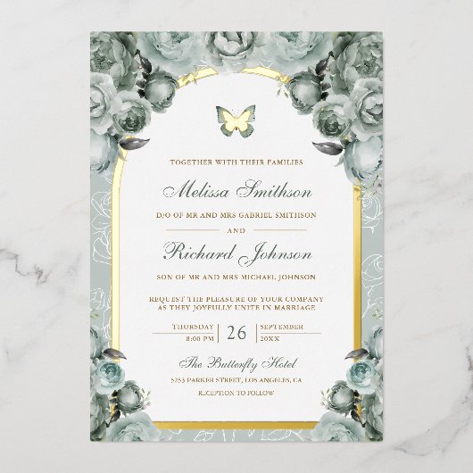 Invitation En Aluminium Sage Vert Arc Floral Papillon Mariage Or (Recto)