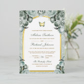 Invitation En Aluminium Sage Vert Arc Floral Papillon Mariage Or (Debout devant)