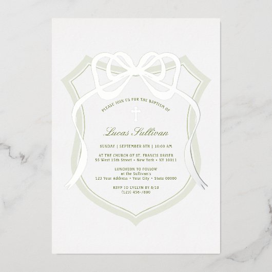 Invitation En Aluminium Sage vert argenté Crest Baptême (Recto)