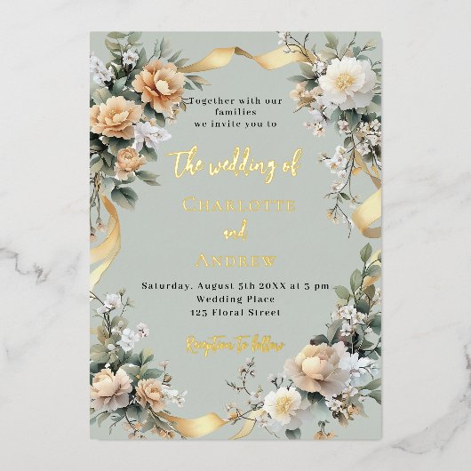 Invitation En Aluminium Sage vert fleuron jaune or mariage (Recto)