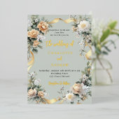 Invitation En Aluminium Sage vert fleuron jaune or mariage (Debout devant)