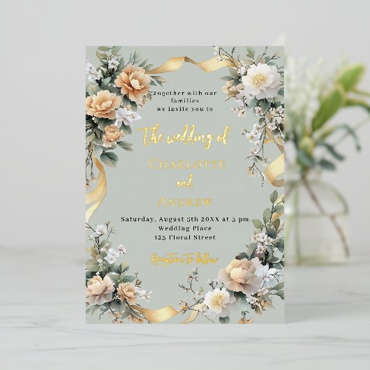 Invitation En Aluminium Sage vert fleuron jaune or mariage (Debout devant)