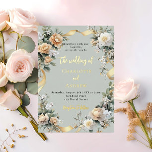 Invitation En Aluminium Sage vert fleuron jaune or mariage