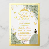 Invitation En Aluminium Sage Vert Floral Quinceañera Quince 15 XV Or (Recto)