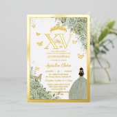 Invitation En Aluminium Sage Vert Floral Quinceañera Quince 15 XV Or (Debout devant)