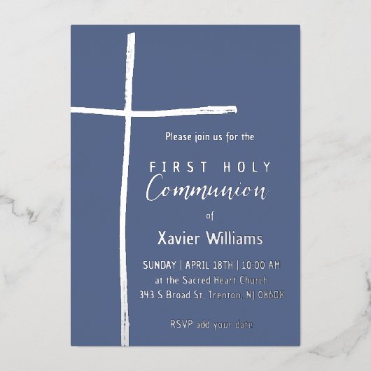 Invitation En Aluminium Sainte Croix Bleue Argent Première Communion Saint (Recto)