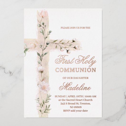 Invitation En Aluminium sainte croix florale Première sainte communion (Recto)