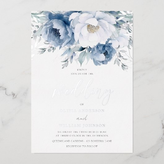 Invitation En Aluminium Saison d'hiver magique Dusty Blue Mariage Argent (Recto)