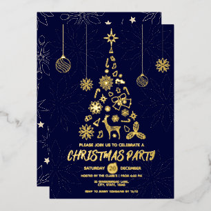 Invitation En Aluminium Sapin de Noël élégant simple bleu foncé et or