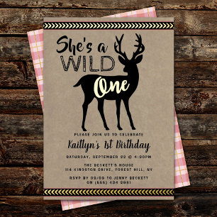 Invitation En Aluminium Sauvage Fille de la Forêt Cerf 1er Anniversaire Ré