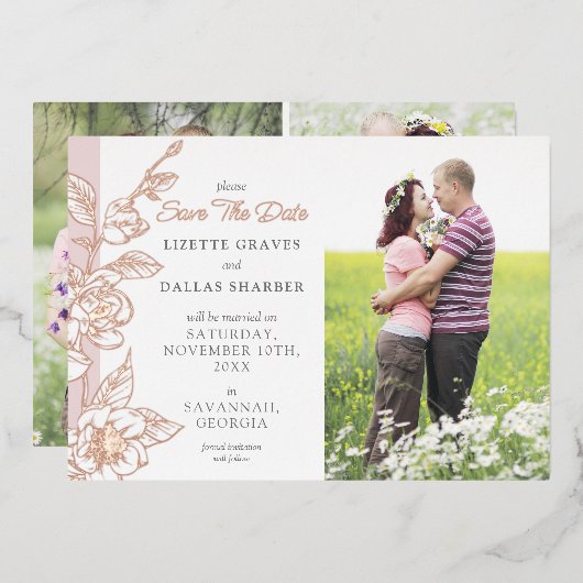 Invitation En Aluminium Sauvegarder la date Mariage Magnolia Blush 4-Photo (Recto/Verso)