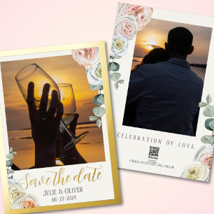 Invitation En Aluminium Sauvegarder la date Photo Roses aquarelles luxueus