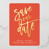 Invitation En Aluminium SAUVER LA DATE calligraphie moderne script orange (Recto)