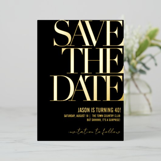 Invitation En Aluminium Save the Date Birthday Invite, Black & Gold Party  (Debout devant)