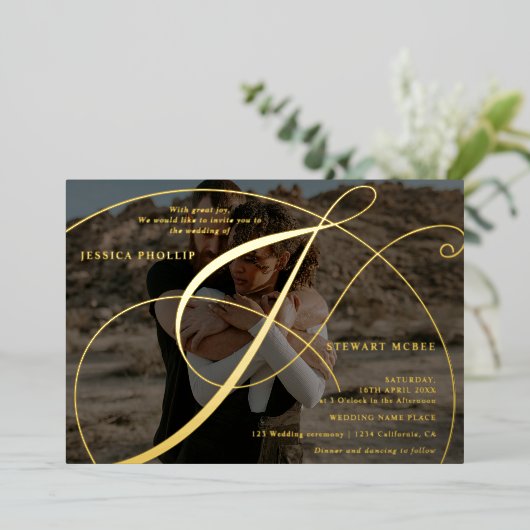 Invitation En Aluminium Script ampersand 2 photos calligraphie mariage (Debout devant)