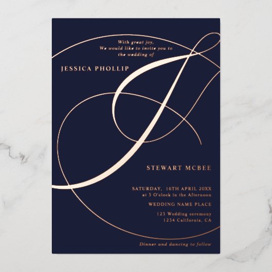 Invitation En Aluminium Script ampersand calligraphie mariage or rose (Recto)