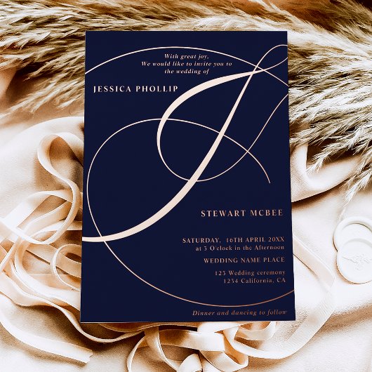Invitation En Aluminium Script ampersand calligraphie mariage or rose