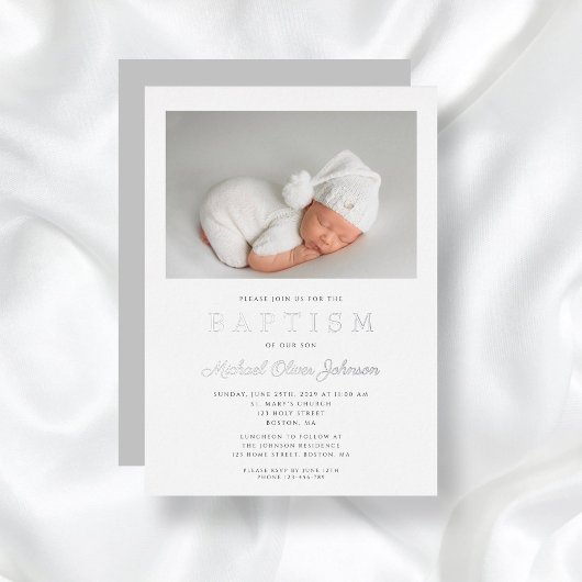 Invitation En Aluminium Script argent moderne Gris photo garçon Baptême