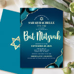 Invitation En Aluminium Script bat mitzvah Turquoise Ombre Agate Real Gold<br><div class="desc">Soyez fier, réjouissez-vous et présentez cette étape importante de votre Bat mitzvah préféré ! Envoyez cette invitation de nom hébreu, cool, unique, moderne, personnalisée, pour un événement à retenir. Véritable écriture de feuille d'or typographie, blanc sans serif typographie, et une véritable feuille d'or Star of David superpose un turquoise bleu...</div>