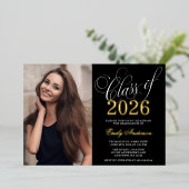 Invitation En Aluminium Script Black 2025 Photo Graduation Party Gold (Debout devant)