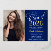 Invitation En Aluminium Script Blue 2025 Photo Graduation Party Gold (Recto)
