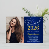 Invitation En Aluminium Script Blue 2025 Photo Graduation Party Gold (Debout devant)