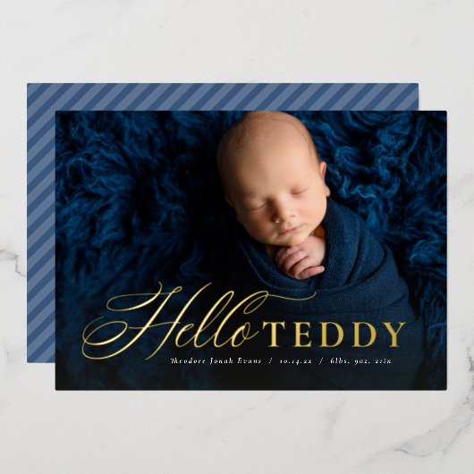 Invitation En Aluminium Script bonjour classique photo bleue (Recto/Verso)