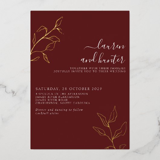 Invitation En Aluminium Script bourguignon moderne Mariage botanique Or (Recto)