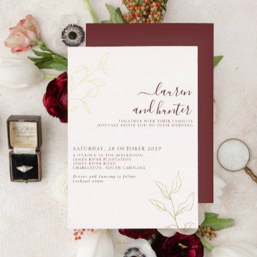 Invitation En Aluminium Script bourguignon moderne Mariage botanique Or