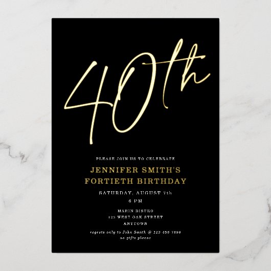 Invitation En Aluminium Script chic moderne Quarantième anniversaire 40e f (Recto)